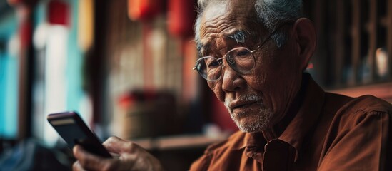 An entertaining elderly Asian man made a smartphone video to share on a social media app. - obrazy, fototapety, plakaty