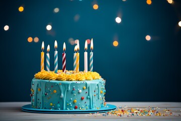 Blue icing cake with yellow birthday candles on a celebration blue backdrop.
