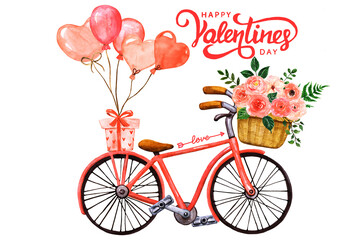 Valentine's day design. Pastel Orange cute bicycle gifts with flower and heart ballon.