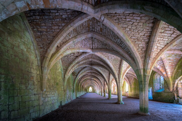 Interior gothic arches in the basement of an abandoned abbey - obrazy, fototapety, plakaty