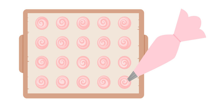 French macaroon. Pink macarons on baking sheet with pastry syringe. Cooking homemade sweet dessert on parchment. Delicious cartoon macarons illustration on white background