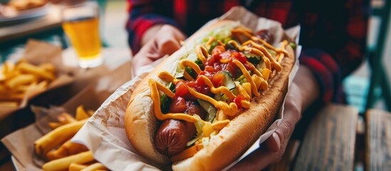 Man enjoying a Chicago-style hotdog with all toppings and fries at home - delivered takeout food. - obrazy, fototapety, plakaty