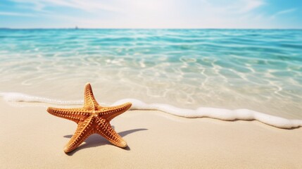 Fototapeta na wymiar Sea stars on sandy shore in crystal ocean. Summery backdrop. Summertime. Blank area. Unwinding at the seaside.