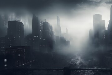Foggy night city. Cityscape in fog. 3d rendering