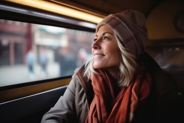 Fototapeta na wymiar Blond woman in a train, looking out of the window.