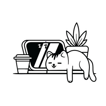 illustration of a cat sleeping on a laptop besides a hot coffee cup and a vase