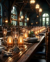 Fototapeta na wymiar Restaurant interior with candles and cutlery. 3d rendering