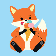 A small painted orange fox sits and eats ice cream