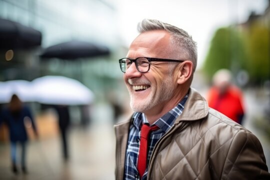 Portrait of a happy senior man with eyeglasses standing outdoors