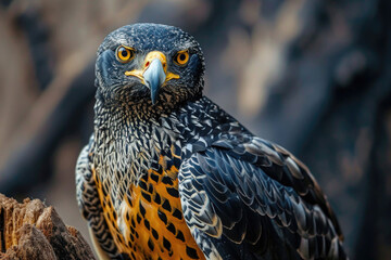 The intense gaze and intricate feather patterns of the Madagascar Serpent Eagle