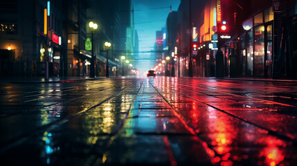 Fototapeta na wymiar Car at night in the city - Bright lights, Neon colors, backdrop