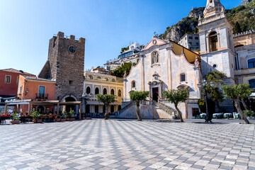 Piazza IX Aprile elegant square located in the center of Taormina is famous for the spectacular sea views from its belvedere - obrazy, fototapety, plakaty