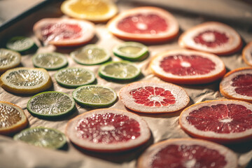 Sliced orange, tangerine and grapefruit slices on baking sheet, preparing citrus wedges for...
