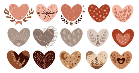 Boho heart clipart. Valentines day clip art. Valentine hearts in cartoon flat style. Bohemian love illustration