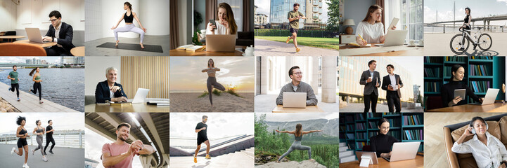 Collage of photos with people doing their favorite thing hobbies, work, running, yoga.