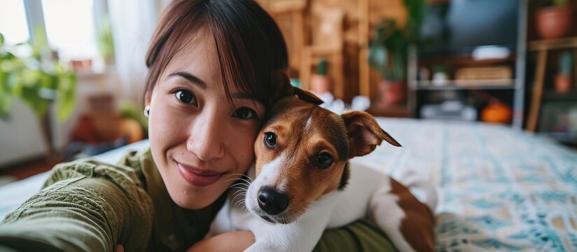 Asian woman and her jack russell terrier puppy take a selfie at home.