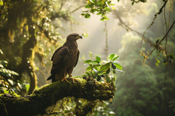 The Madagascar Serpent Eagle perched atop a moss-covered branch in the heart of the lush rainforest