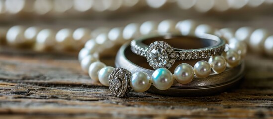 Details of engagement ring, wedding band, His and Hers rings, wedding day, pearls, borrowed item.