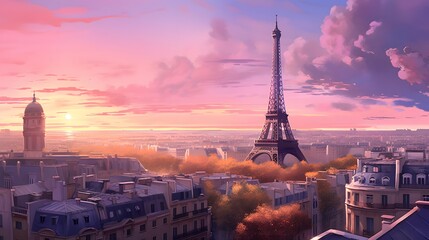 Panoramic view of the Eiffel Tower at sunset, Paris, France - obrazy, fototapety, plakaty