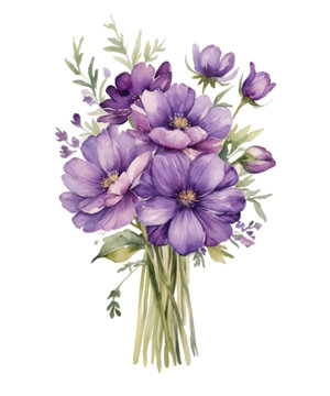 Seamless border with purple watercolor flowers isolated on white background