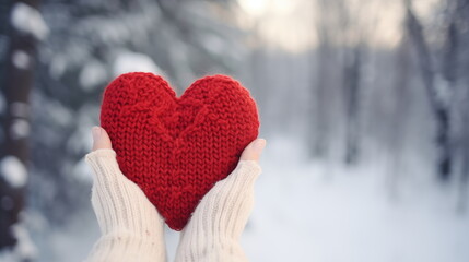 Fototapeta premium A red knitted heart in woman hands in white gloves against a blurred winter background. Valentine's Day, love, romance, winter concept. Valentine's Day background.