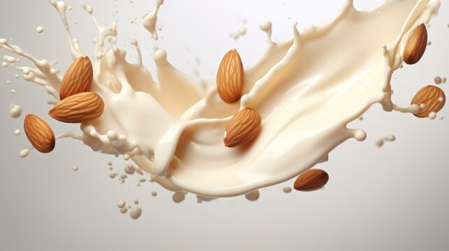 Almond milk splashing with almond nuts, 3d render illustration