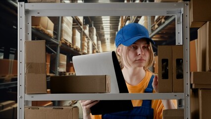 Portrait of female model working in storage. Girl storekeeper in uniform standing near rack with...