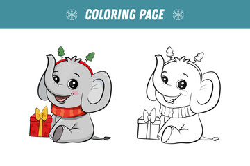Christmas coloring book with elephant in santa hat. Cute elephant cub in doodle style on a white background. Vector illustration
