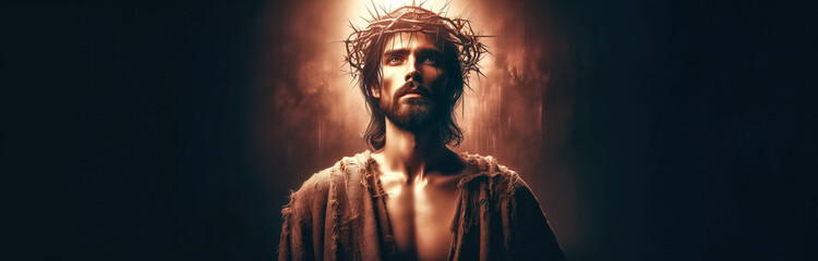 Jesus Christ wearing a crown of thorns, medium shot portrait in a foggy cloud, banner illustration with copy space. Concept for the religious holiday of Easter - obrazy, fototapety, plakaty