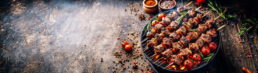 Grilled pieces of meat. Appetizing pieces of roasted meat on fire. Barbecue meat background. banner...