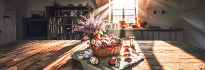 Illustration of painted eggs in a basket for the spring Easter holiday in a home interior, banner with copy space.