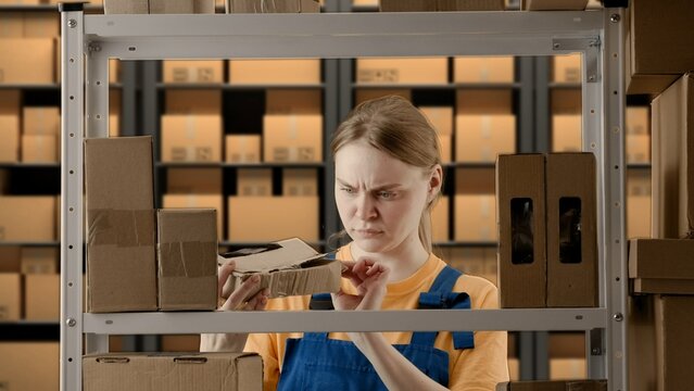 Portrait of female model working in storage. Girl storekeeper in uniform standing near rack with boxes finds damaged package takes it.
