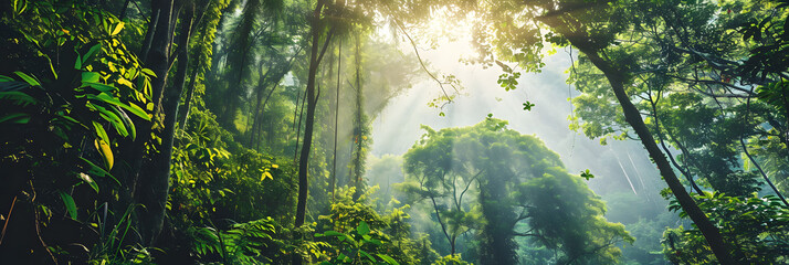 Earth Day eco concept with tropical forest background, natural forestation preservation scene with canopy tree in the wild, concept on sustainability and environmental renewable