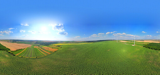 360 panorama of the agricultural field with summer landscape and wind turbines. Beautiful summer landscape