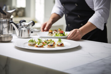 Obraz na płótnie Canvas Chef decorating delicious appetizer on white table in restaurant kitchen