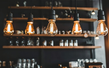 Coffee shop interior with vintage incandescent light bulbs