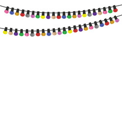 Colorful bright lights garland isolated on white background, Glowing light bulb, Strings of colorful lights, Light bulbs garland, lights for carnival or celebration, Festive decor.