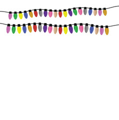 Fototapeta premium Colorful lights garland isolated on white background, Holiday decor, Festive bright lights, hanging light bulbs festive decor, ornamental bright light garlands