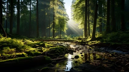 Foto op Aluminium Beautiful panoramic view of a forest river in the morning light © Iman