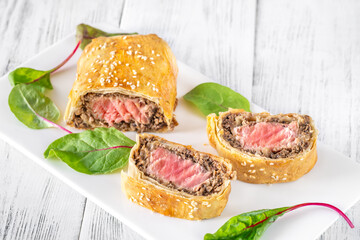 Portion of tuna wellington