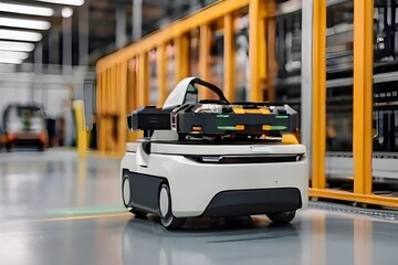 Automated Guided Vehicle in Industrial Environment. Autonomous AGV Transports Battery Pack on EV...
