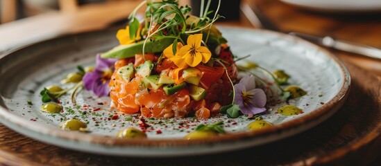 Delicious salmon tartare topped with avocado and served with flowers - obrazy, fototapety, plakaty