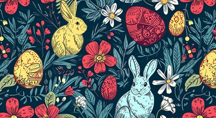 Naklejka premium A seamless pattern of pastel-colored Easter eggs and spring flowers against a soft dark background. The eggs are decorated with delicate floral patterns 