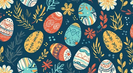 Naklejka premium A seamless pattern of pastel-colored Easter eggs and spring flowers against a soft dark background. The eggs are decorated with delicate floral patterns 