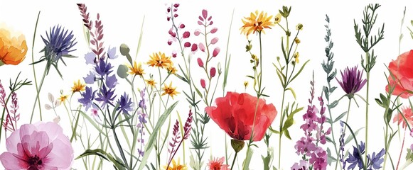 A watercolor painting of a vibrant field of wildflowers in full bloom on white background. representing the flowers grow in. - obrazy, fototapety, plakaty