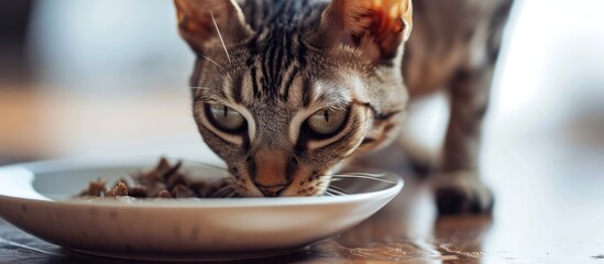 Selective focus on Devon Rex eating premium wet tuna from white ceramic plate on floor. Feed your...