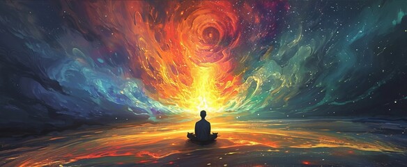 image of a man sitting in a lotus position in front of a vibrant, multicolored nebula sky. The nebula is filled with swirling clouds of pink, purple, blue, and green gas. - obrazy, fototapety, plakaty