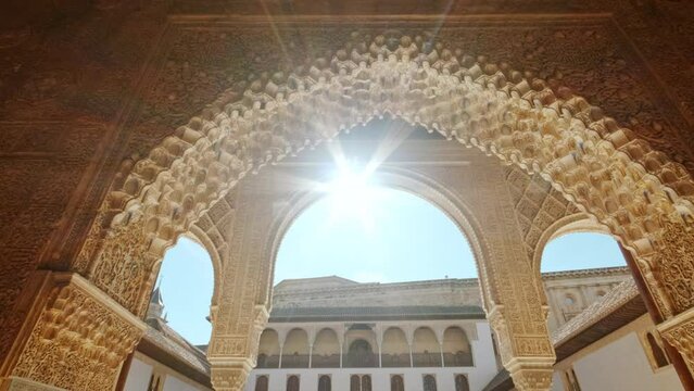 The Alhambra Palace - The Court of the Myrtles, also known as Patio de los Arrayanes, in Comares Nasrid Palace, Granada Anadalucia, Spain