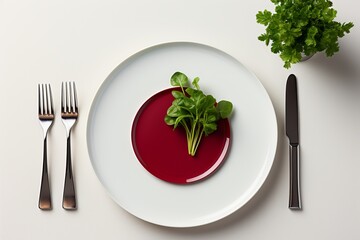 Beauty in simplicity: a small piece of beetroot on a white plate with cutlery, top view, minimalist style, healthy eating