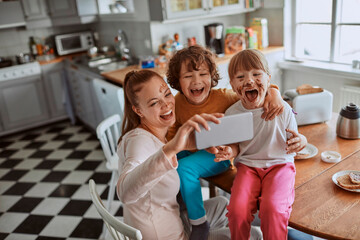 Joyful Family Selfie Time with a Messy Chocolate Breakfast